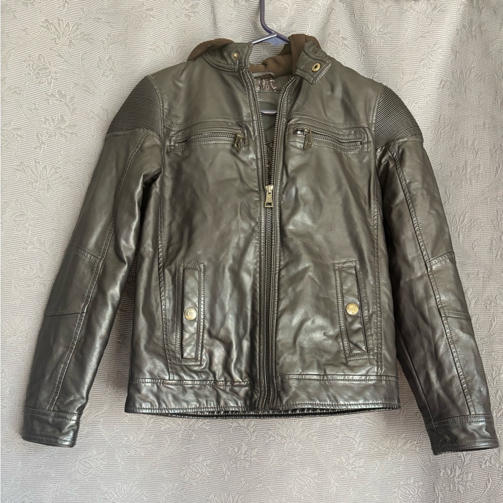 Urban Republic Black Kids Faux Leather Jacket with Brown Hood